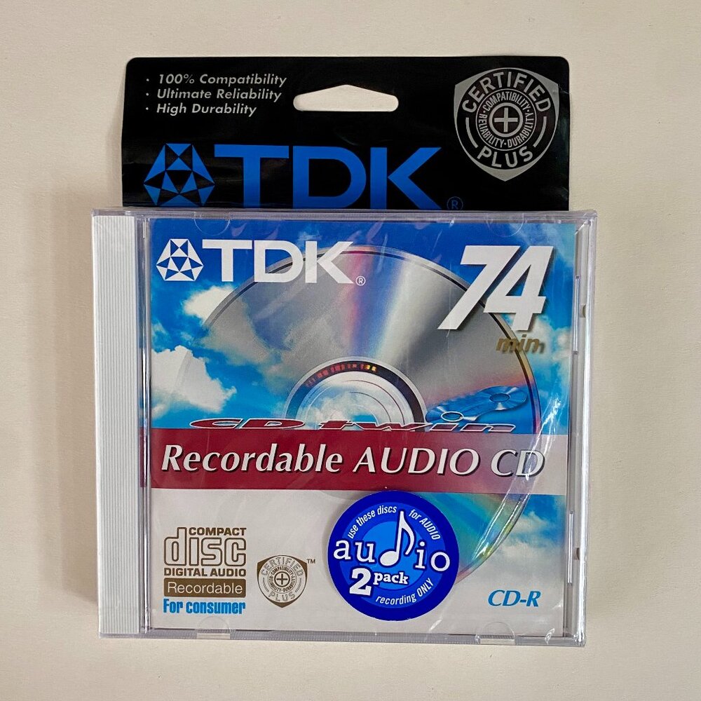 TDK Recordable Audio CDs, 74 mins, Set of 2, New in Sealed Packaging.